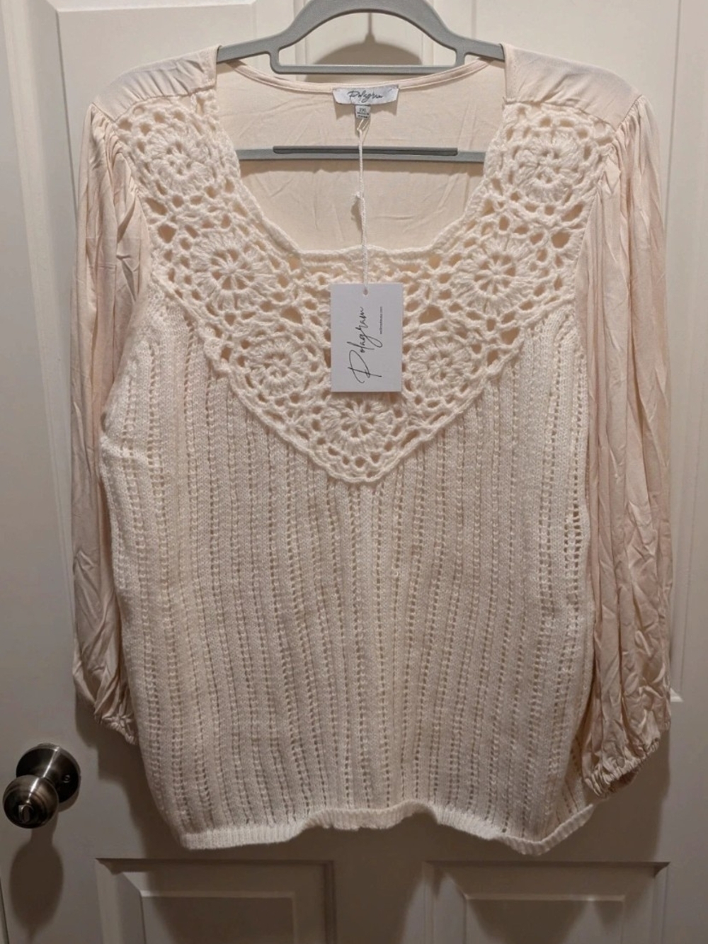 Polagram Cream Crochet Yoke Knit Top